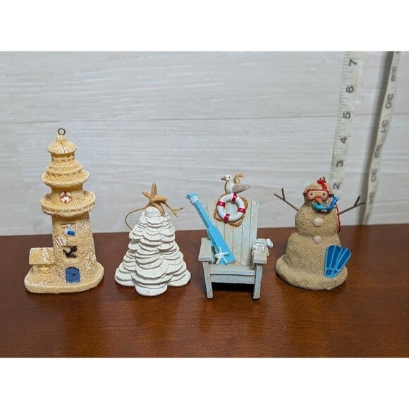 Coastal Christmas Beach Sand Ornament Lot 4pc Lighthouse Tree chair Snowman